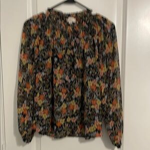 LOFT Orange and Brown Smocked Long Sleeve Blouse